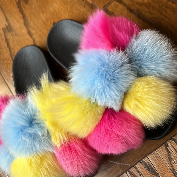 Fashion Nova Shoes - Fur slides shoes size 39 /8 Barbie pink yellow blue
